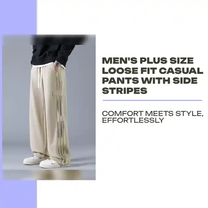 Men's Plus Size Loose Fit Casual Pants with Side Stripes by@Outfy