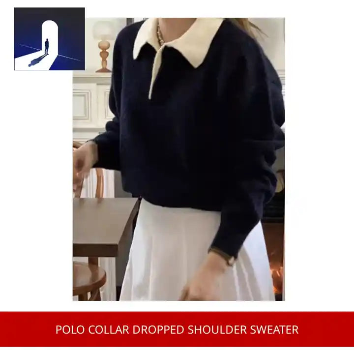 Polo Collar Dropped Shoulder Sweater by@Outfy