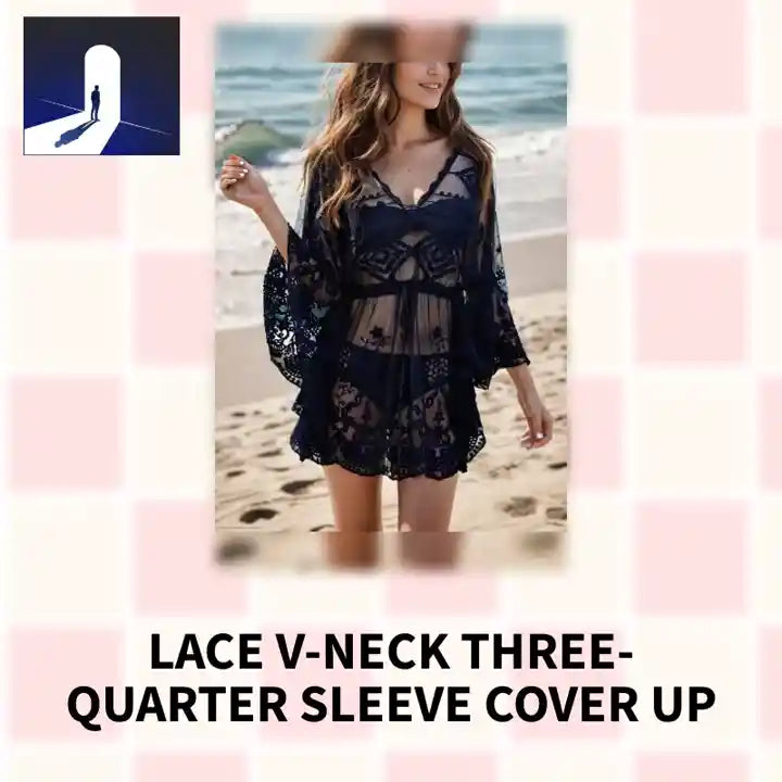 Lace V-Neck Three-Quarter Sleeve Cover Up by@Outfy