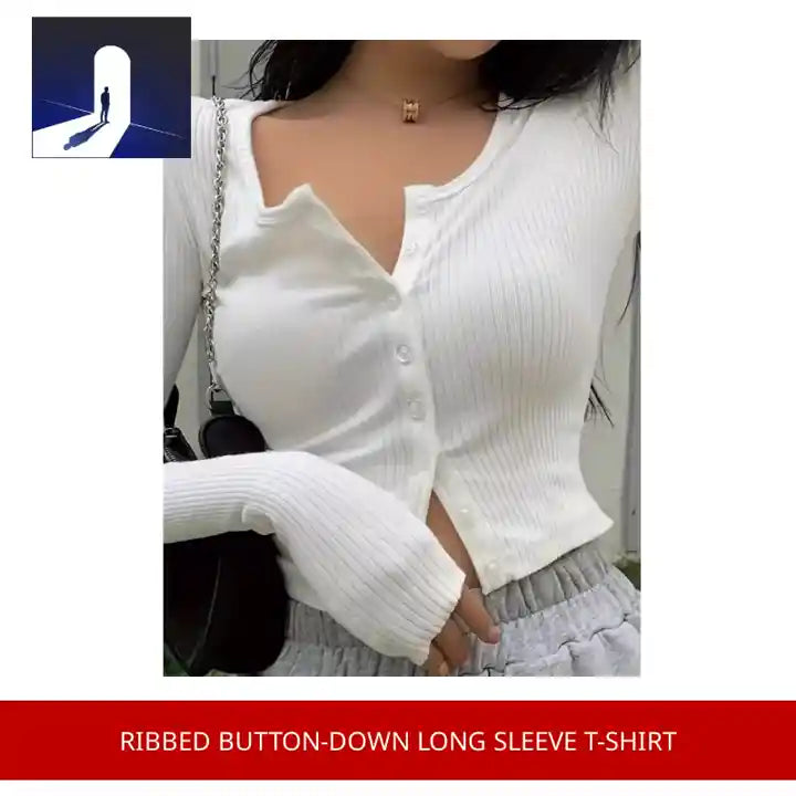 Ribbed Button-Down Long Sleeve T-Shirt by@Outfy