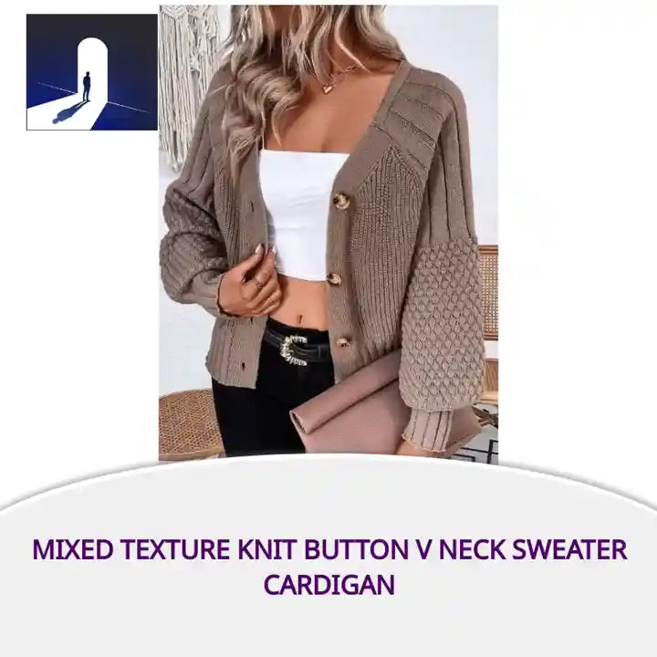 Mixed Texture Knit Button V Neck Sweater Cardigan by@Outfy