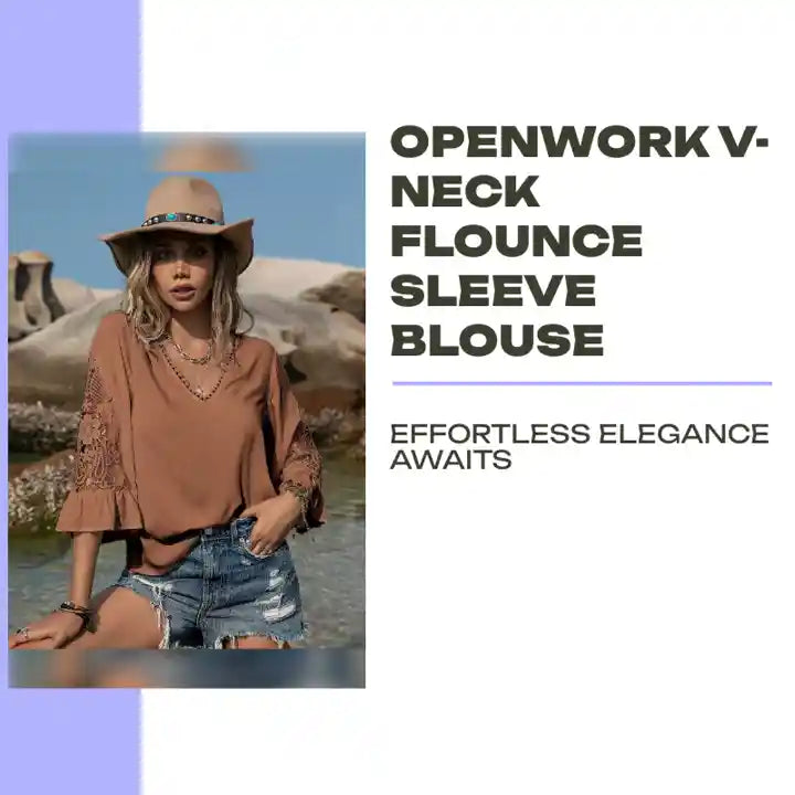 Openwork V-Neck Flounce Sleeve Blouse by@Outfy