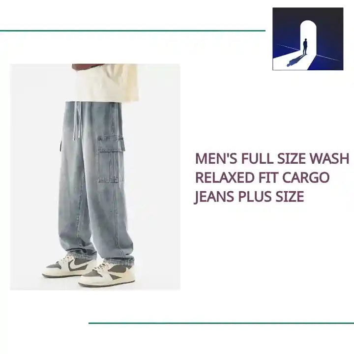 Men's Full Size Wash Relaxed Fit Cargo Jeans Plus Size by@Outfy