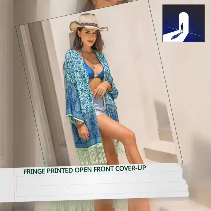 Fringe Printed Open Front Cover-Up by@Outfy