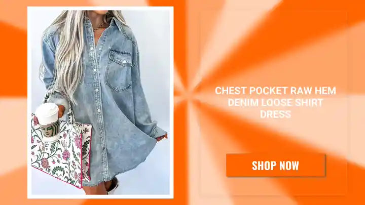 Chest Pocket Raw Hem Denim Loose Shirt Dress by@Outfy