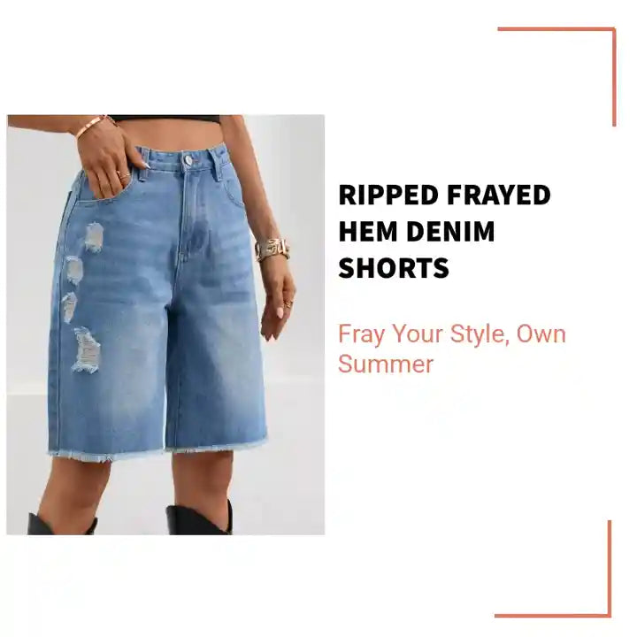 Ripped Frayed Hem Denim Shorts by@Outfy