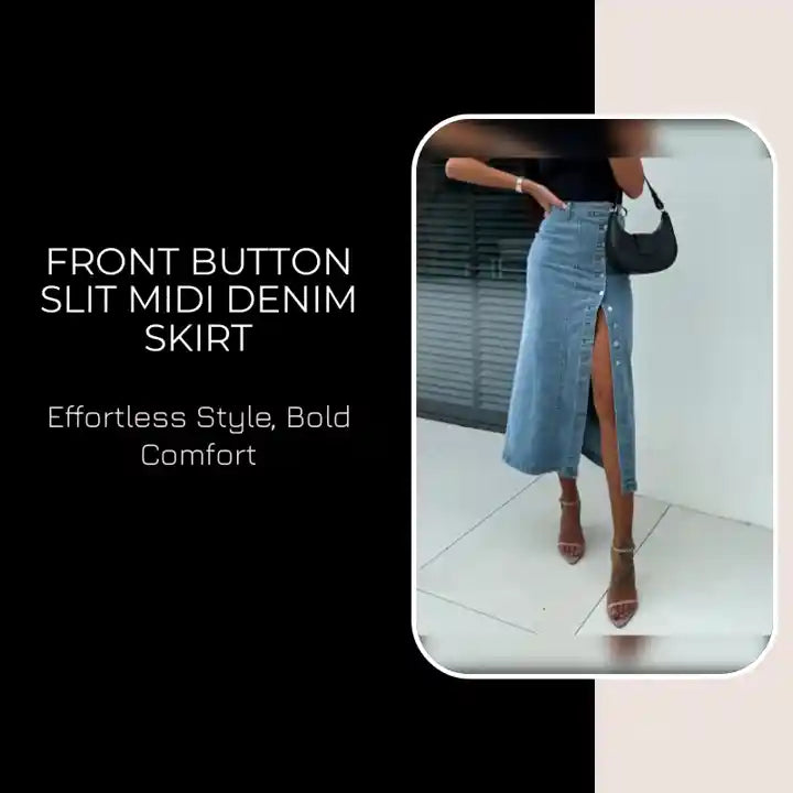 Front Button Slit Midi Denim Skirt by@Outfy