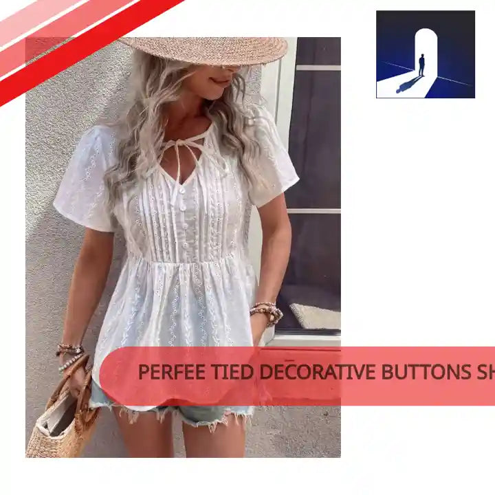 Perfee Tied Decorative Buttons Short Puff Sleeve Blouse by@Outfy